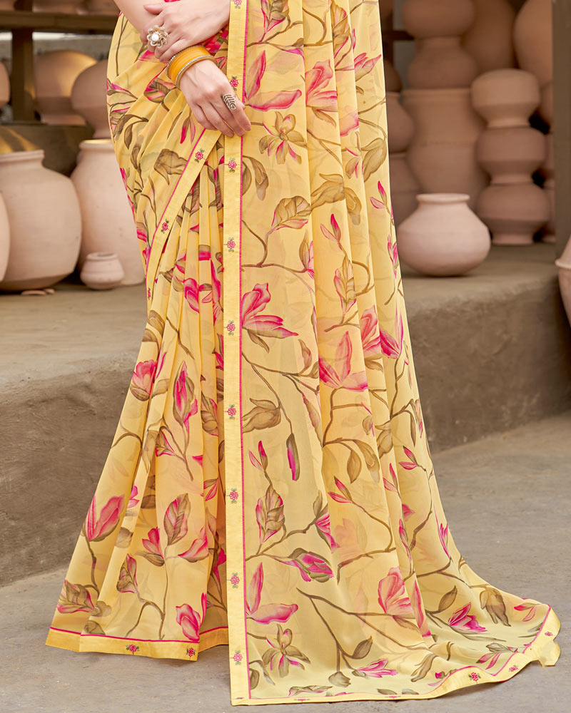 Vishal Prints Light Yellow Printed Georgette Saree With Fancy Border