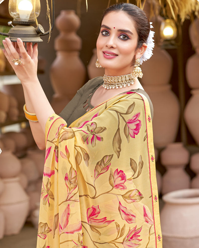 Vishal Prints Light Yellow Printed Georgette Saree With Fancy Border