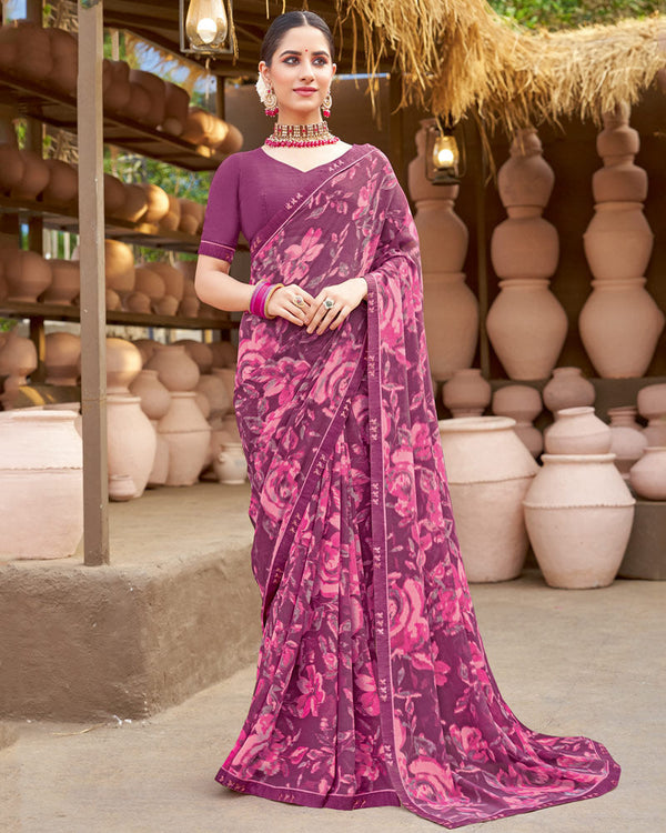 Vishal Prints Raspberry Printed Georgette Saree With Fancy Border