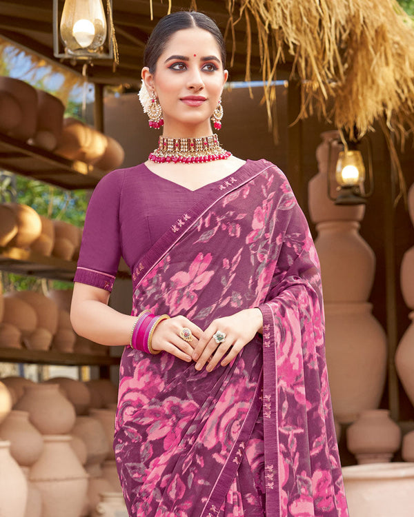 Vishal Prints Raspberry Printed Georgette Saree With Fancy Border