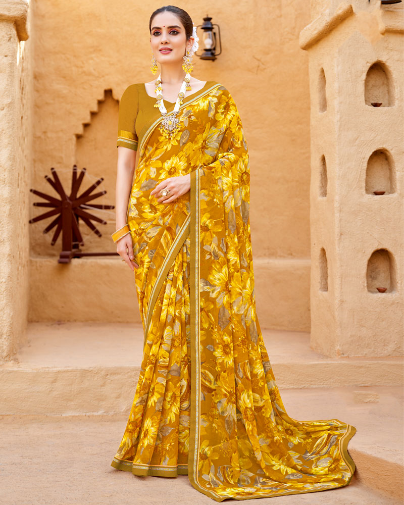 Vishal Prints Mustard Yellow Printed Georgette Saree With Fancy Border