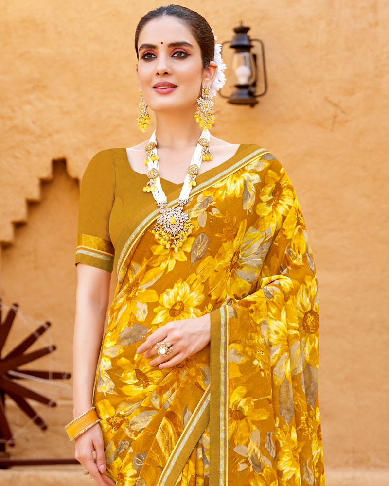 Vishal Prints Mustard Yellow Printed Georgette Saree With Fancy Border