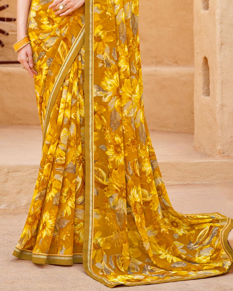 Vishal Prints Mustard Yellow Printed Georgette Saree With Fancy Border