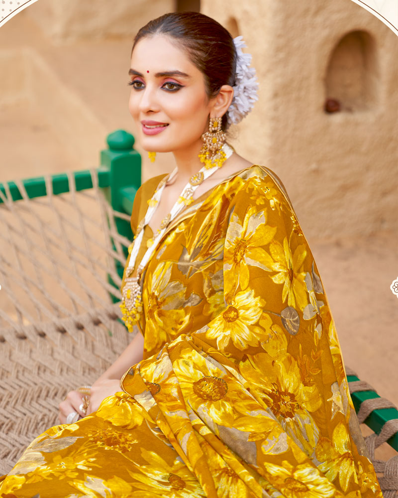 Vishal Prints Mustard Yellow Printed Georgette Saree With Fancy Border