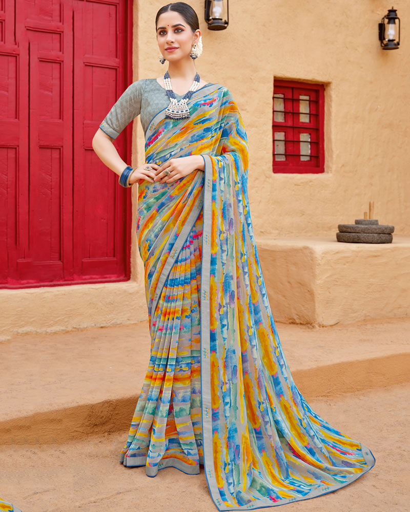 Vishal Prints Grey Printed Georgette Saree With Fancy Border
