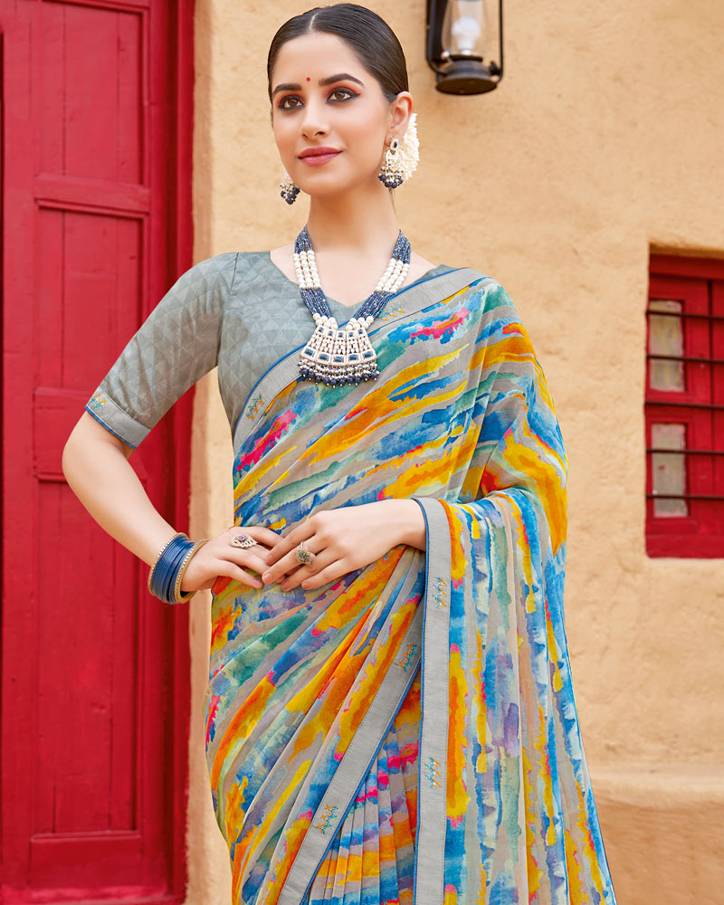 Vishal Prints Grey Printed Georgette Saree With Fancy Border