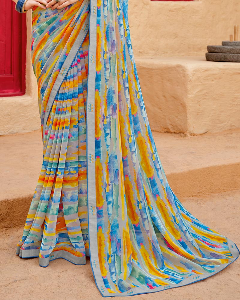 Vishal Prints Grey Printed Georgette Saree With Fancy Border