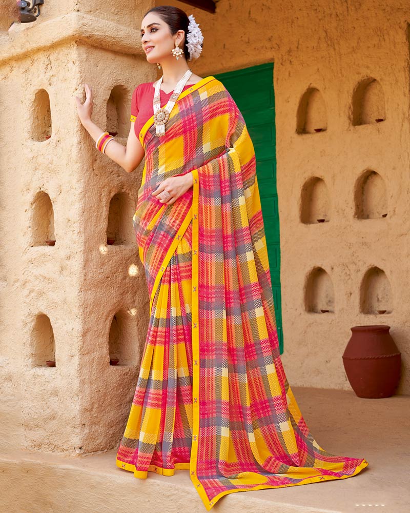 Vishal Prints Yellow Pink Checks Printed Georgette Saree With Fancy Border