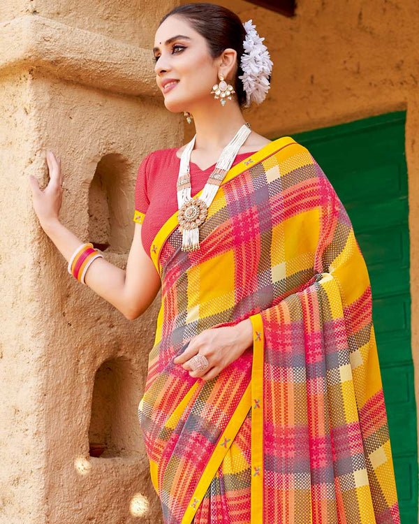 Vishal Prints Yellow Pink Checks Printed Georgette Saree With Fancy Border