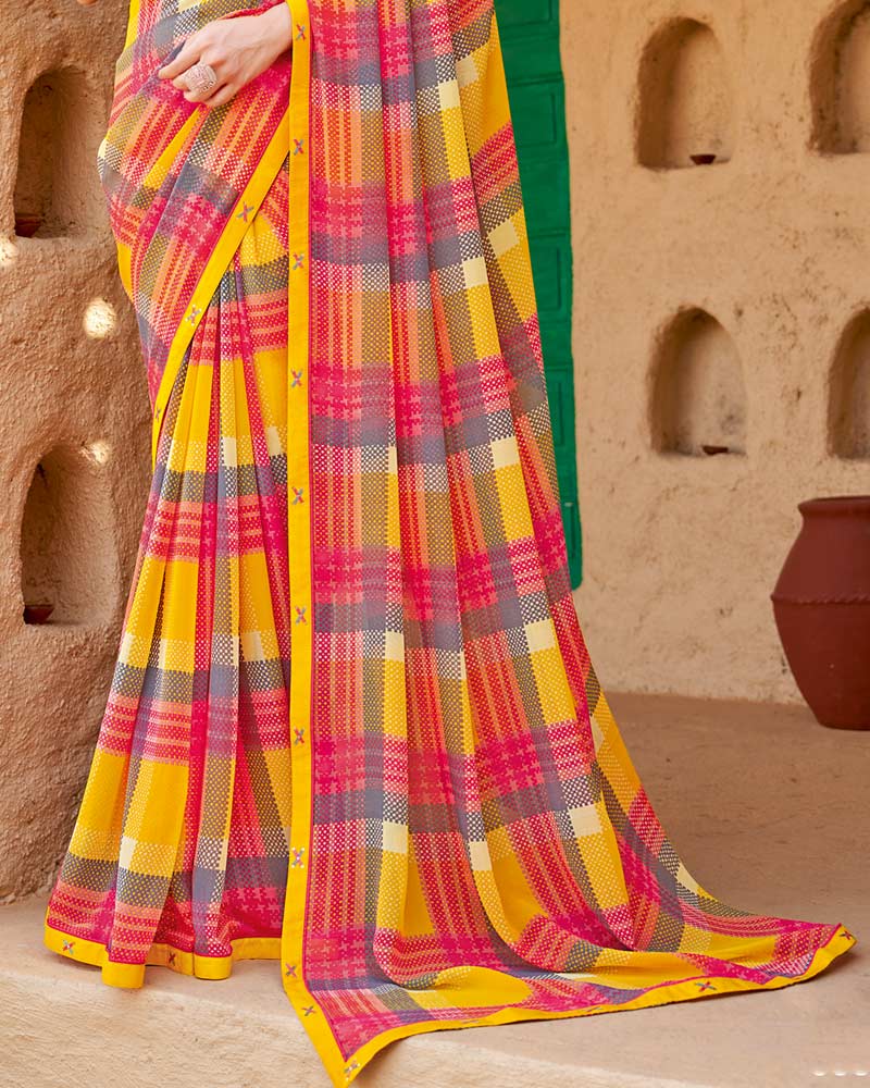Vishal Prints Yellow Pink Checks Printed Georgette Saree With Fancy Border