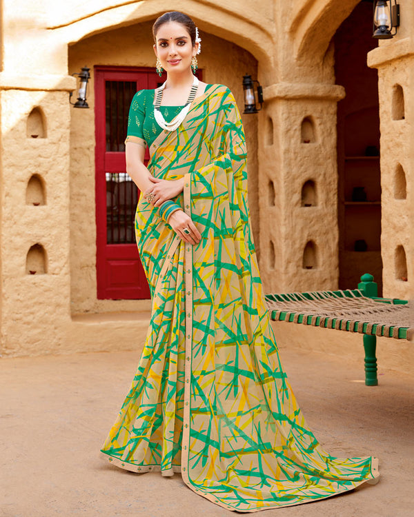 Vishal Prints Beige Green Printed Georgette Saree With Fancy Border