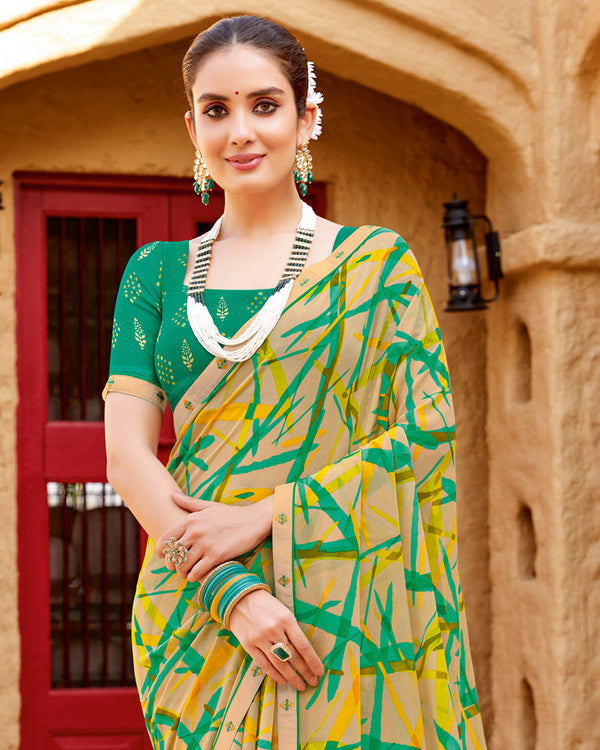 Vishal Prints Beige Green Printed Georgette Saree With Fancy Border