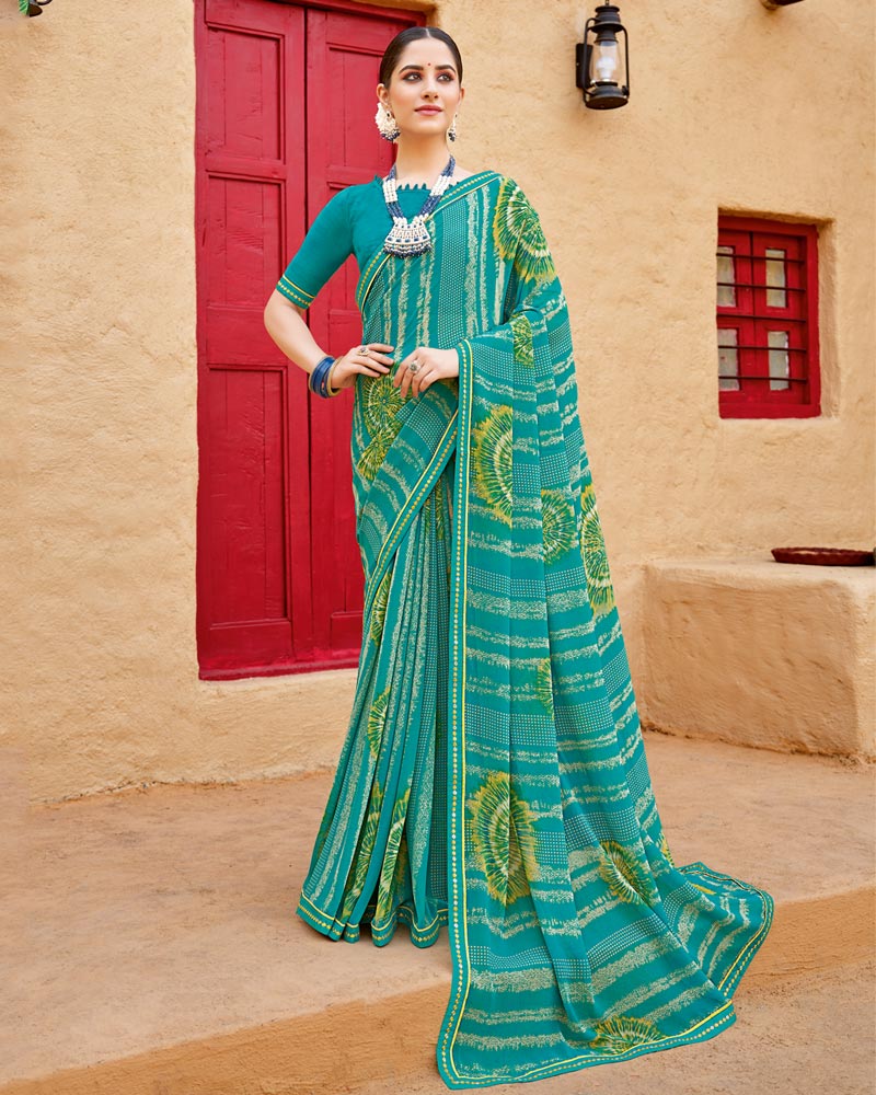 Vishal Prints Persian Green Printed Georgette Saree With Fancy Border