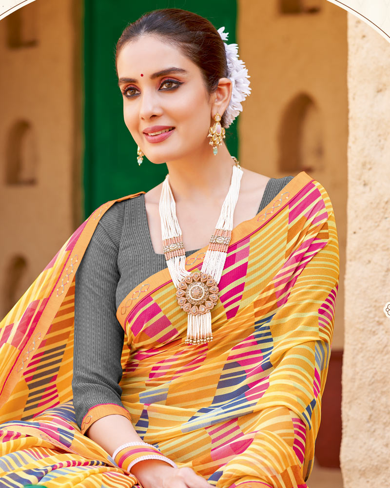 Vishal Prints Pastel Orange Printed Georgette Saree With Fancy Border
