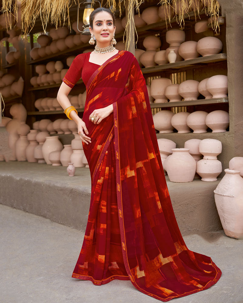 Vishal Prints Maroon Printed Georgette Saree With Fancy Border