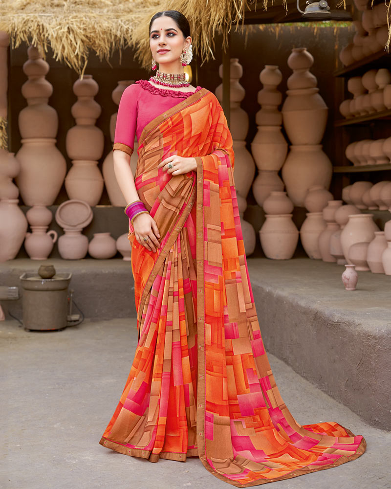 Vishal Prints Orange Printed Georgette Saree With Fancy Border