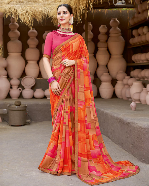 Vishal Prints Orange Printed Georgette Saree With Fancy Border