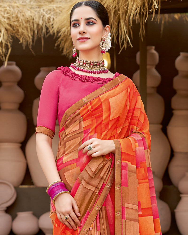 Vishal Prints Orange Printed Georgette Saree With Fancy Border