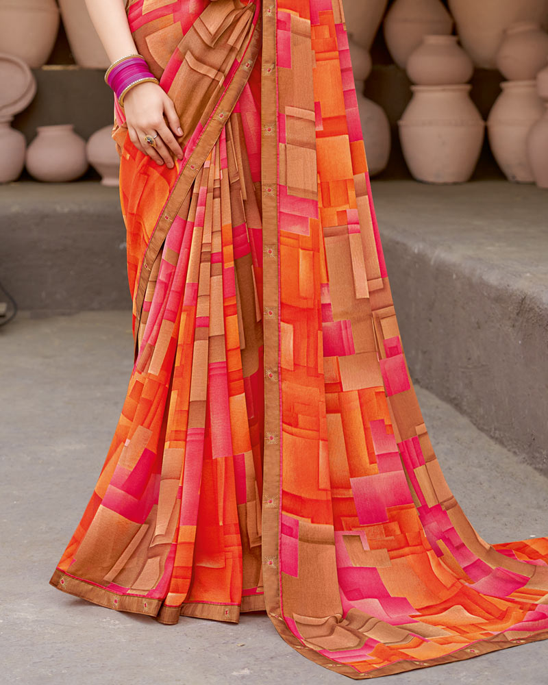 Vishal Prints Orange Printed Georgette Saree With Fancy Border