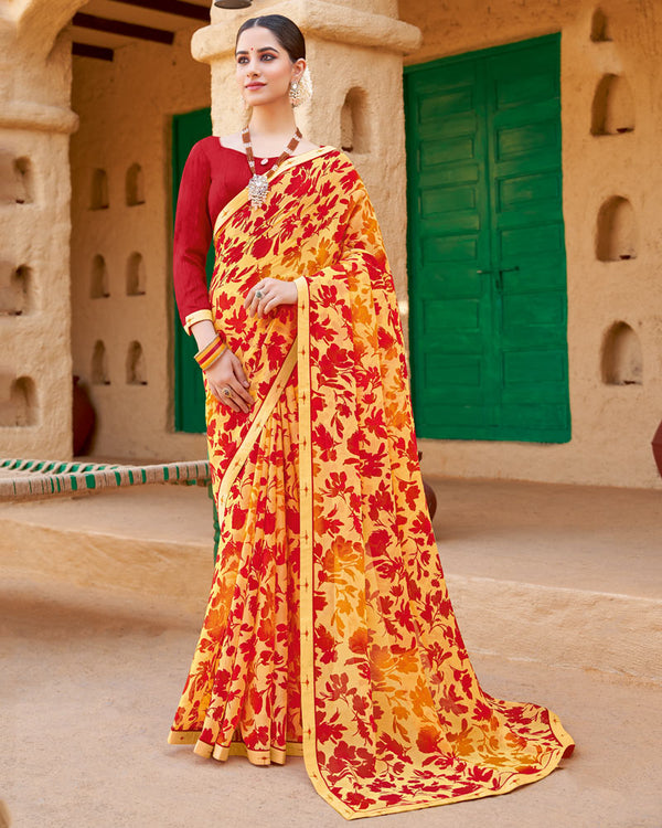 Vishal Prints Yellow Floral Printed Georgette Saree With Fancy Border