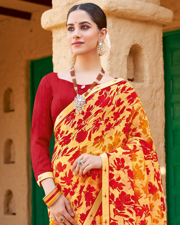 Vishal Prints Yellow Floral Printed Georgette Saree With Fancy Border