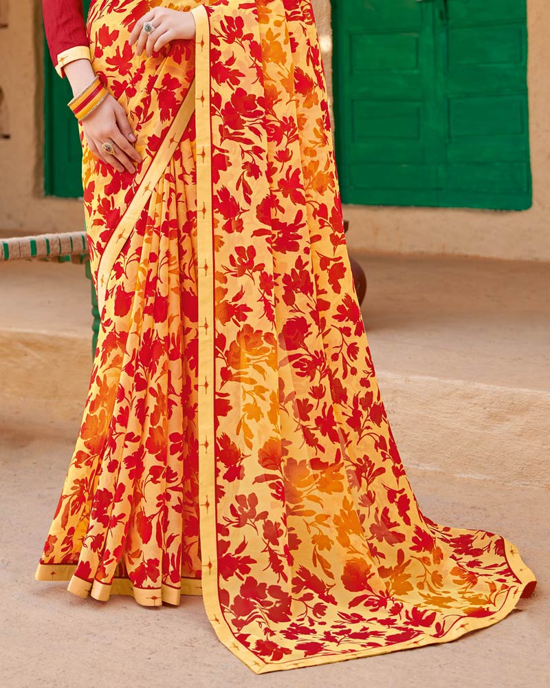 Vishal Prints Yellow Floral Printed Georgette Saree With Fancy Border