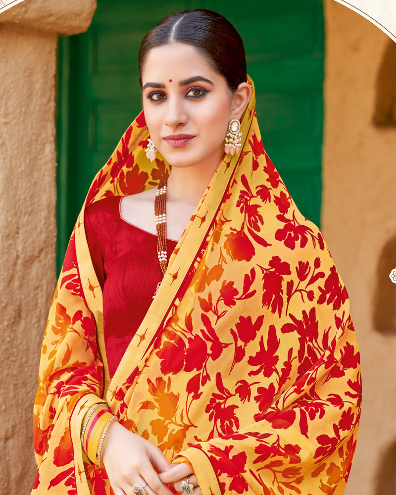 Vishal Prints Yellow Floral Printed Georgette Saree With Fancy Border