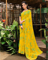 Vishal Prints Chrome Yellow Printed Georgette Saree With Fancy Border