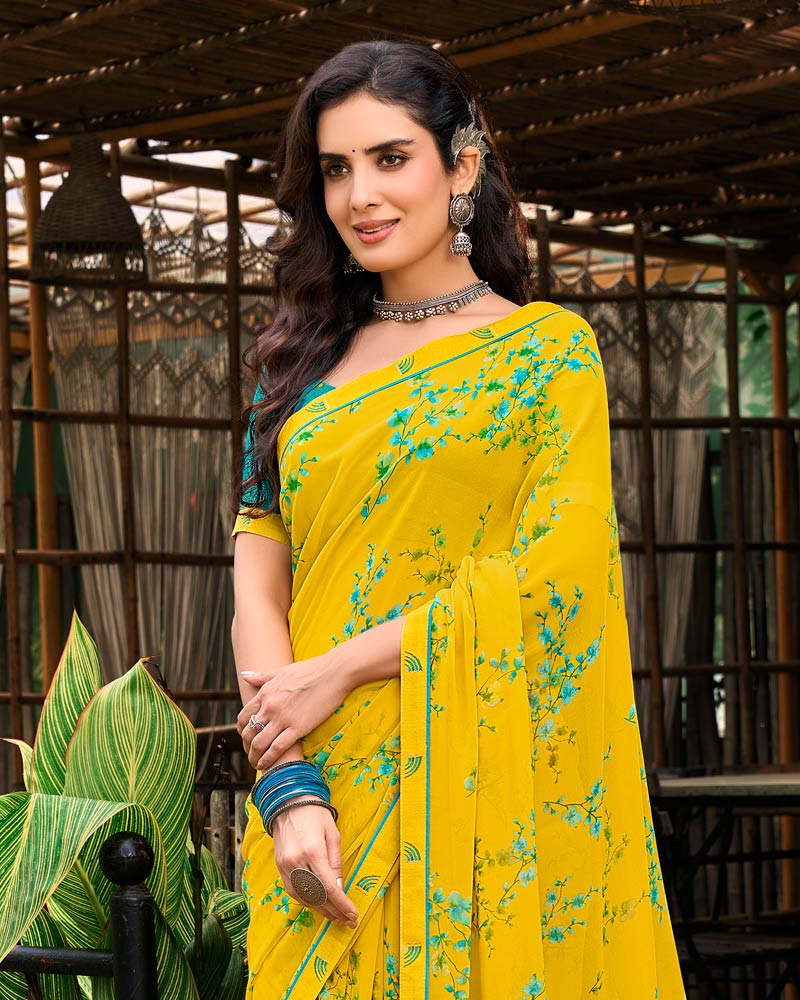 Vishal Prints Chrome Yellow Printed Georgette Saree With Fancy Border