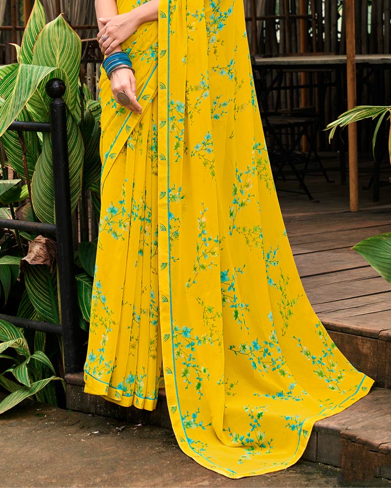 Vishal Prints Chrome Yellow Printed Georgette Saree With Fancy Border