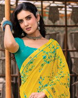 Vishal Prints Chrome Yellow Printed Georgette Saree With Fancy Border