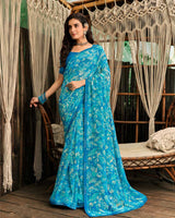 Vishal Prints Pacific Blue Printed Georgette Saree With Fancy Border