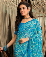 Vishal Prints Pacific Blue Printed Georgette Saree With Fancy Border