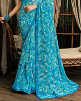 Vishal Prints Pacific Blue Printed Georgette Saree With Fancy Border