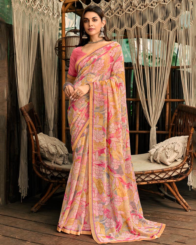 Vishal Prints Dark Salmon Orange Printed Georgette Saree With Fancy Border