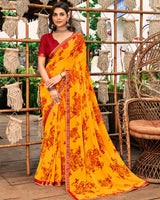 Vishal Prints Dark Orange Printed Georgette Saree With Fancy Border