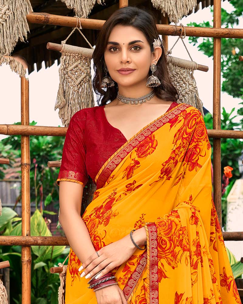 Vishal Prints Dark Orange Printed Georgette Saree With Fancy Border