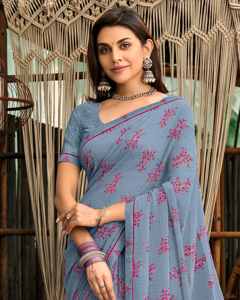 Vishal Prints Regent Grey Printed Georgette Saree With Fancy Border