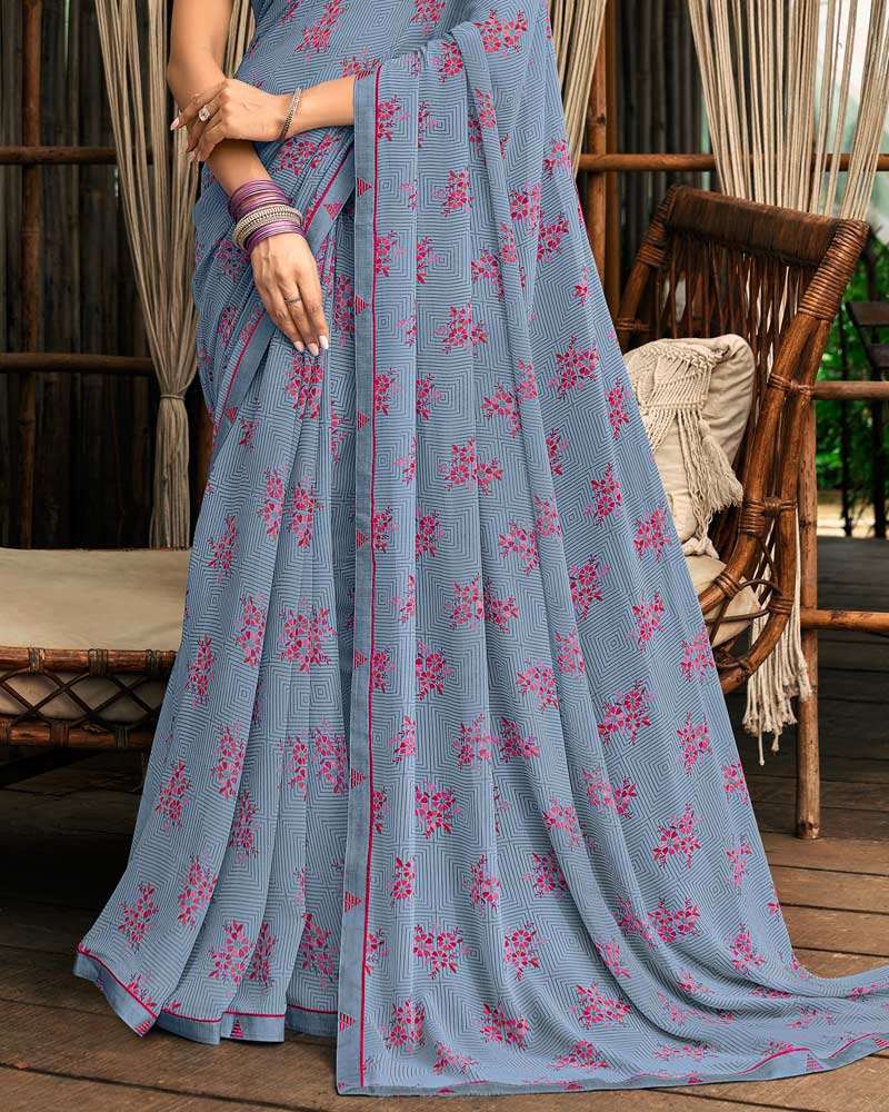 Vishal Prints Regent Grey Printed Georgette Saree With Fancy Border