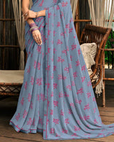 Vishal Prints Regent Grey Printed Georgette Saree With Fancy Border