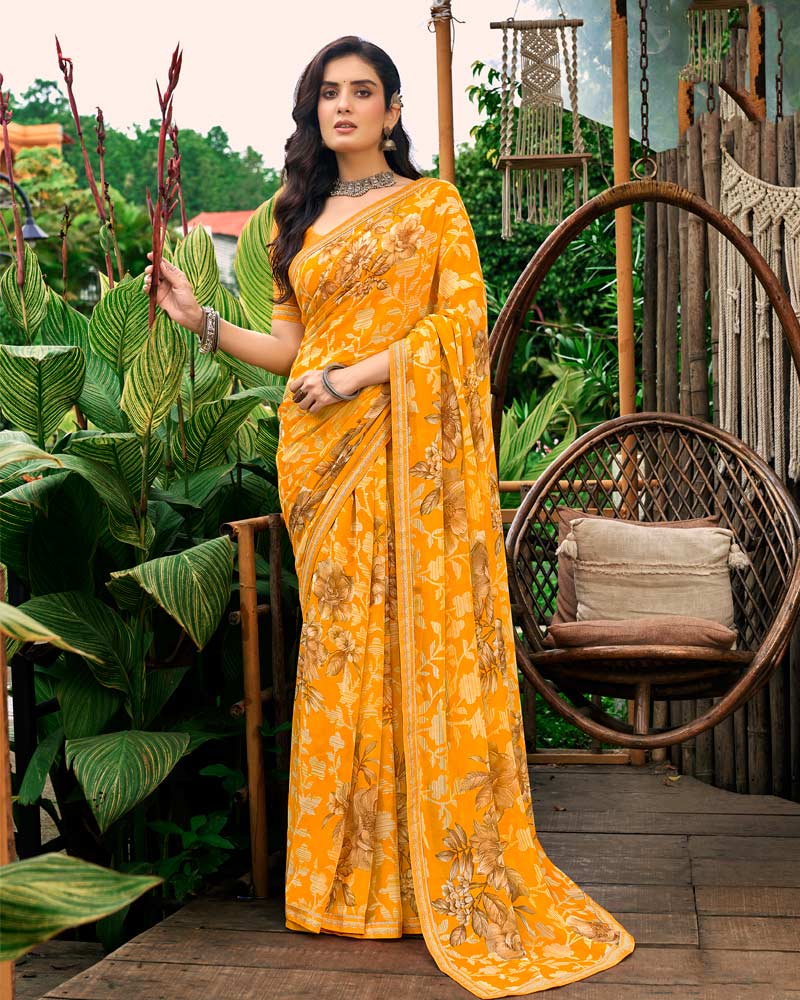 Vishal Prints Sunshade Orange Printed Georgette Saree With Fancy Border