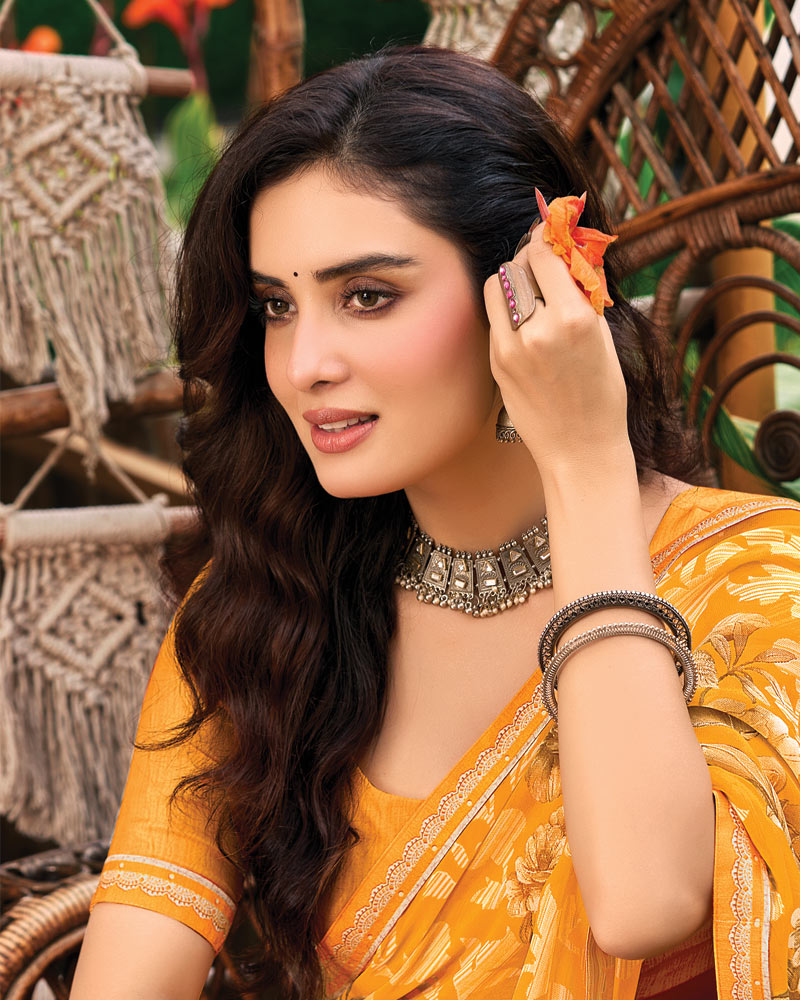 Vishal Prints Sunshade Orange Printed Georgette Saree With Fancy Border