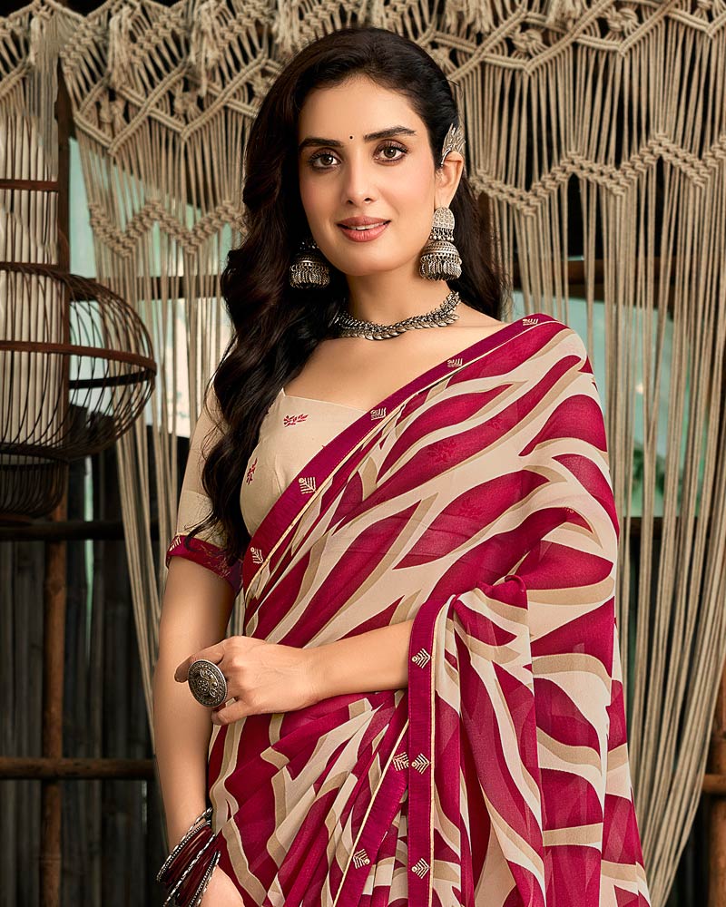 Vishal Prints Vivid Burgundy Printed Georgette Saree With Fancy Border