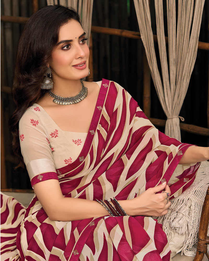 Vishal Prints Vivid Burgundy Printed Georgette Saree With Fancy Border