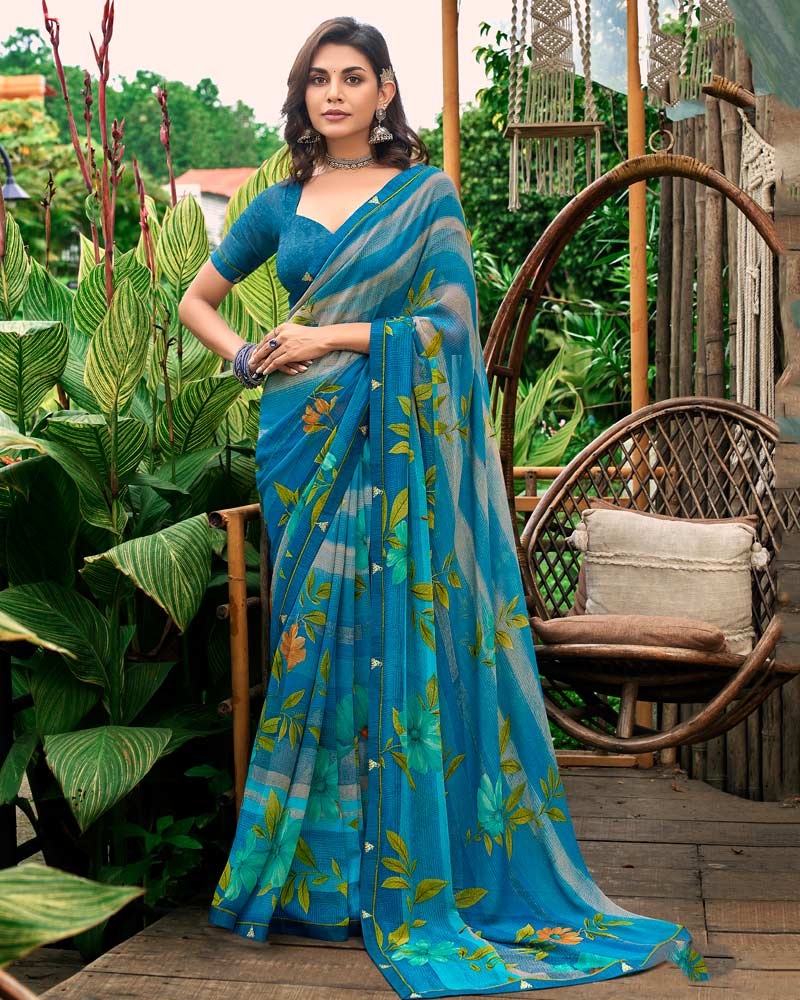 Vishal Prints French Blue Printed Georgette Saree With Fancy Border