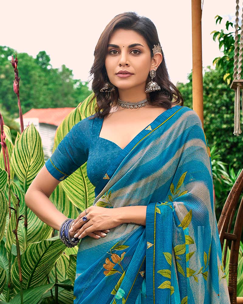 Vishal Prints French Blue Printed Georgette Saree With Fancy Border