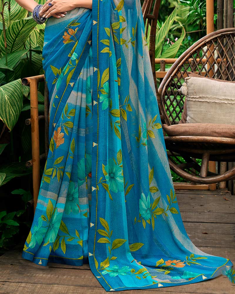Vishal Prints French Blue Printed Georgette Saree With Fancy Border