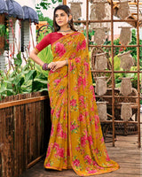 Vishal Prints Ochre Printed Georgette Saree With Fancy Border