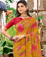 Vishal Prints Ochre Printed Georgette Saree With Fancy Border