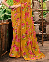 Vishal Prints Ochre Printed Georgette Saree With Fancy Border